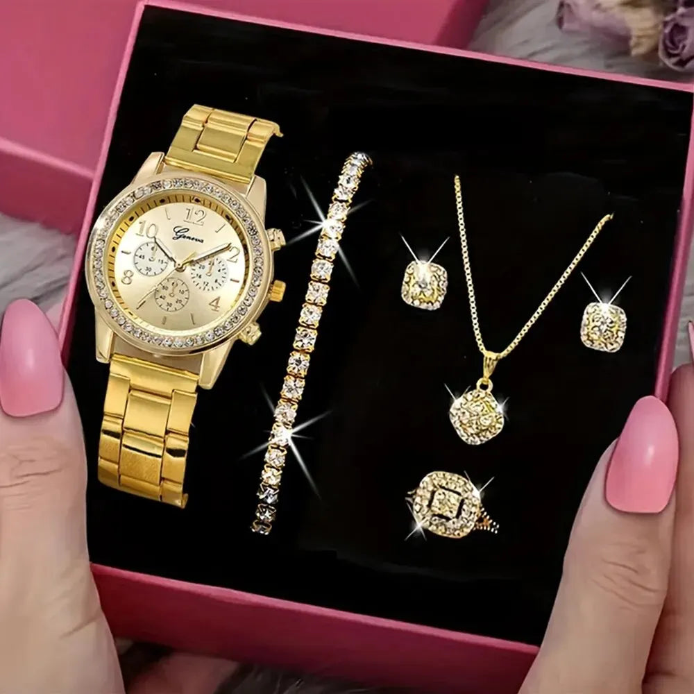 NNEOBA Women’s Luxury Gold Watch Jewelry Set (5PCS)
