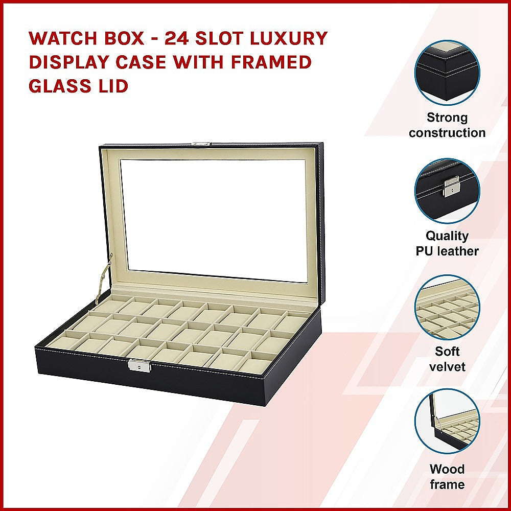 NNEDSZ Watch Box - 24 Slot Luxury Display Case With Framed Glass Lid