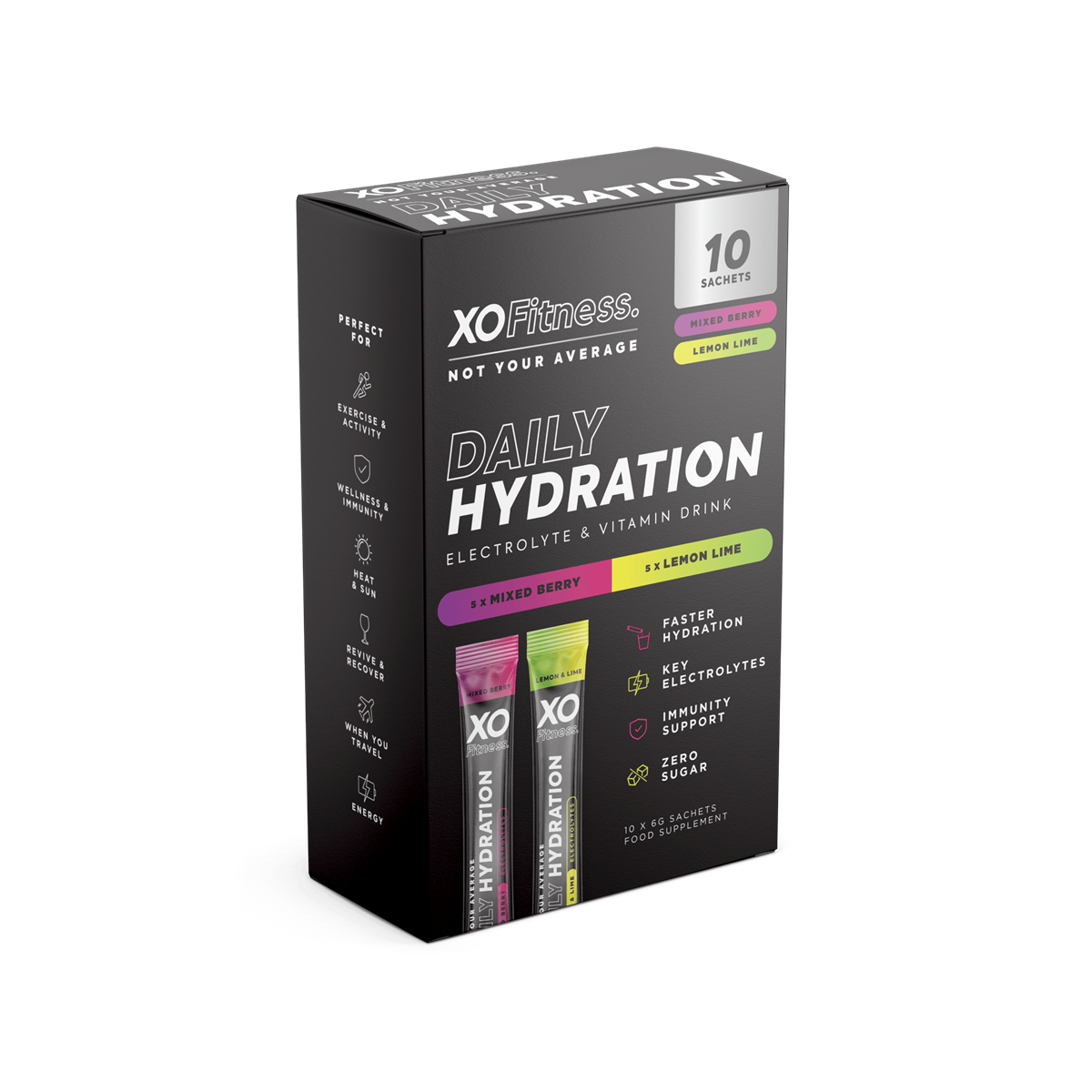 XO Fitness Hydration Mixed Box 10x6g Mixed Berry / Lemon & Lime