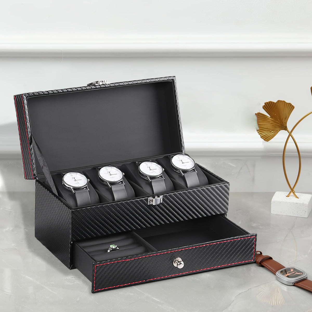 Luxury Carbon Fiber Watch Display Box with Jewelry Drawer – 4-Slot Watch Organizer