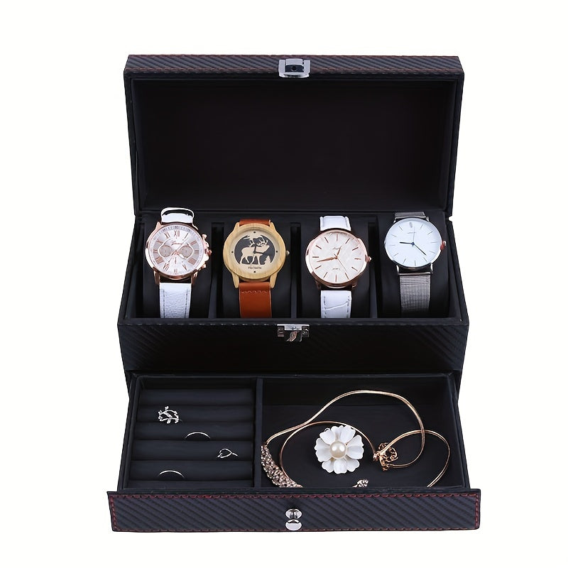 Luxury Carbon Fiber Watch Display Box with Jewelry Drawer – 4-Slot Watch Organizer