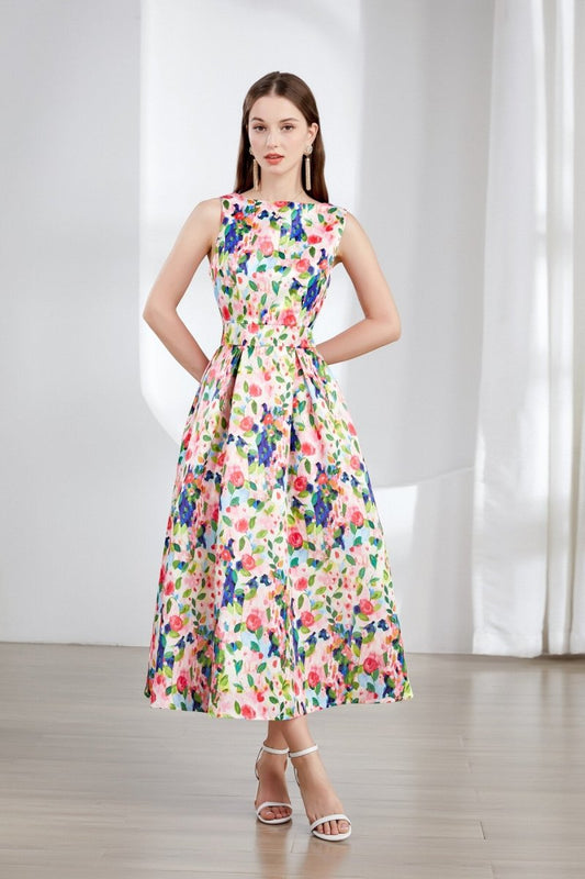Floral Sleeveless Boatneck Flared A Line Midi Dress-0