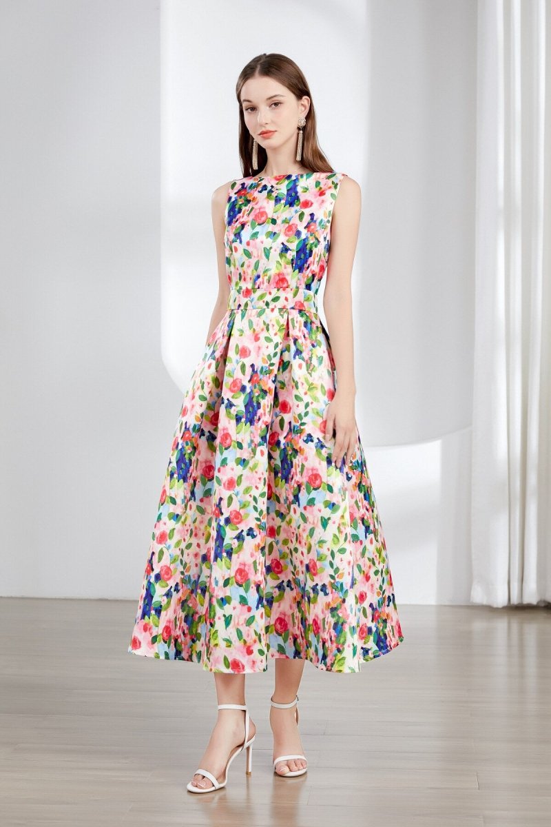 Floral Sleeveless Boatneck Flared A Line Midi Dress-1