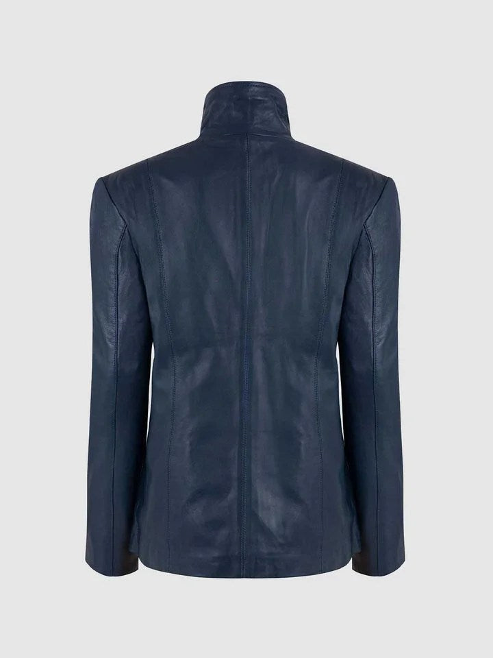 Women Blue High Collar Leather Jacket - Size - XS