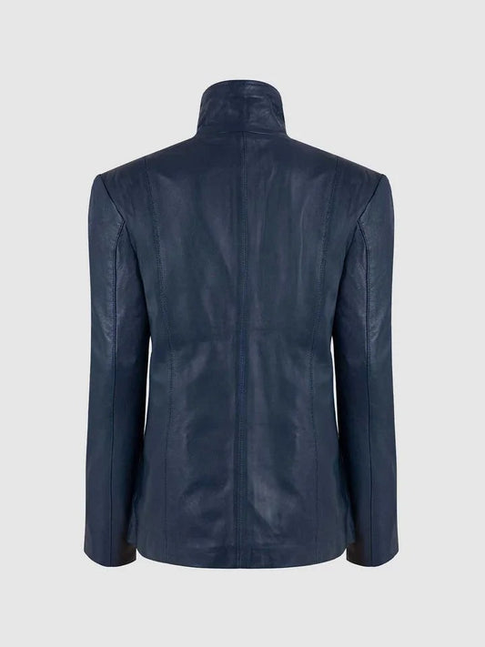 Women Blue High Collar Leather Jacket - Size - XS